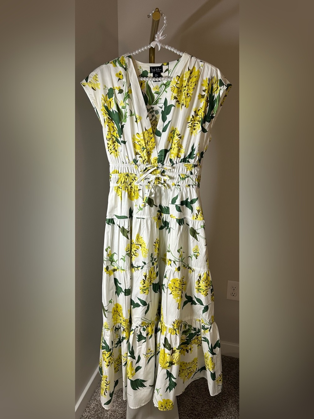 NWOT! Nicole Miller White Maxi Dress with Yellow Floral Print